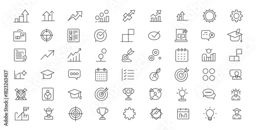 Graph outline icon set. Containing statistics, survey, prediction, analysis, chart, graph, growth, and more. Linear icon collection. Editable stroke.