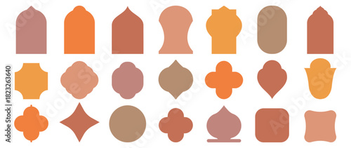 Old mosque windows shape in oriental style. Islamic door set, flat Arabic frames or Arabian arches silhouette. Colorful arab islamic frames. Ramadan kareem gate.