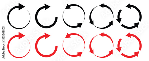 Set of red and black circle arrow icon. Circular rotation loading elements, redo process. Symbol of reload, refresh, loading, recycle and repeat. Symbol of reload, refresh, loading.