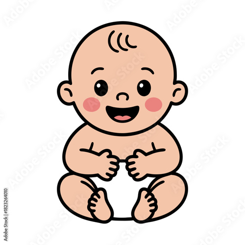 Cute baby sitting and smiling with rosy cheeks and short hair  