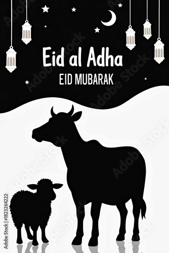 Eid al adha mubarak silhouette of cow and lamb with lanterns