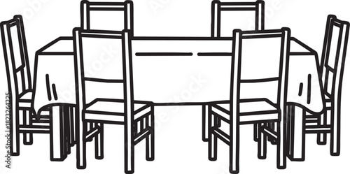 A simple black and white line drawing of a dining table set with a tablecloth and six highback chairs.