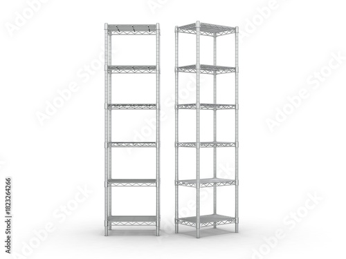 Tiered industrial shelves isolated on white background, Tall wire shelving unit with 6 levels, 3d illustration.