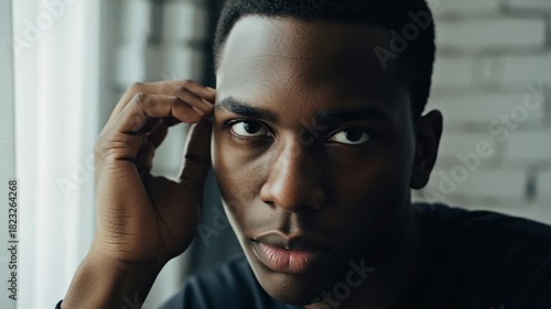Close up of a young Black man looking thoughtful and pensive.