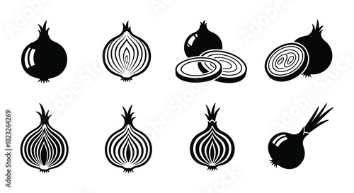 Black and white illustrations depicting various stages of onion growth and slices