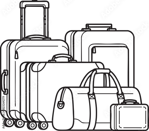 Assorted travel luggage group with rolling trolley duffel bag and cases in a clean line drawing.