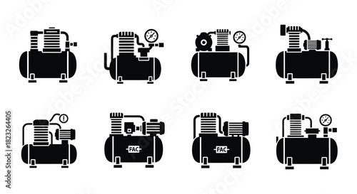 Various types of air compressors shown in a black and white illustration
