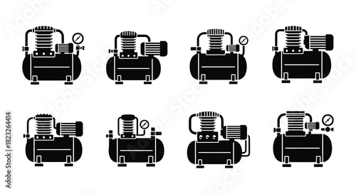 Various types of air compressors shown in a black and white illustration