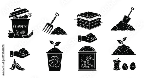 Composting elements bin tools organic waste and sprouting plants illustration