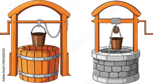 Wooden and stone water wells, traditional design, manual crank, pulley system, rustic construction, outdoor utility, vintage style, rural architecture