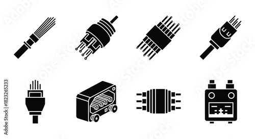Various electronic connectors and ports illustrated in a simple black and white style