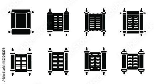 Collection of black scroll icons with detailed designs and varying shapes