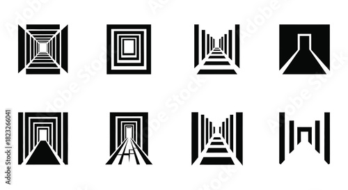 Abstract geometric shapes depicting architectural elements and perspective views