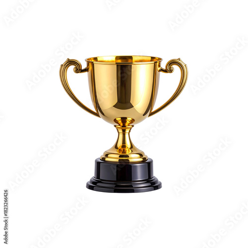 Shiny golden trophy cup prize for competition winner isolated on a white background representing success and achievement