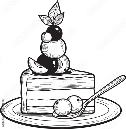 Handdrawn layered cake slice with a stacked berry garnish served on a plate with a spoon.
