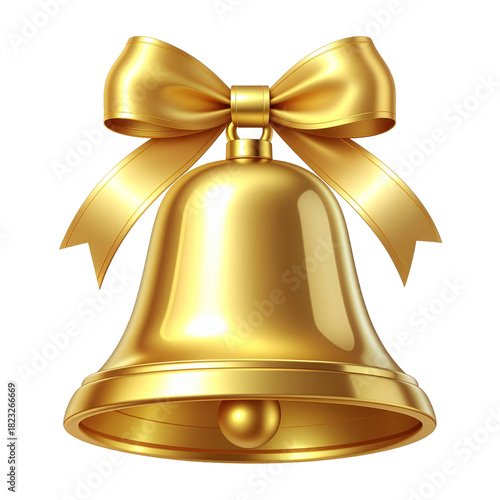 Shiny Golden Christmas Bell Icon with Elegant Ribbon Bow and Reflections 3D Render, Transparent Background