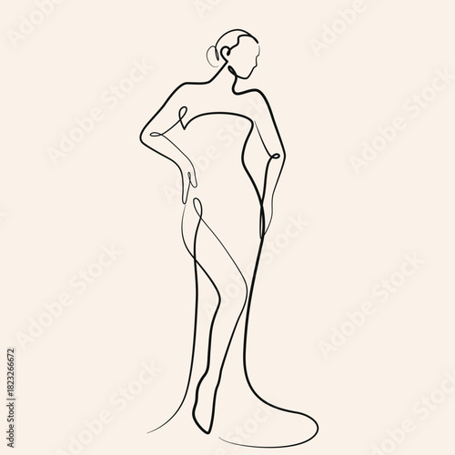 Woman in Beautiful Dress one line drawing. Woman in Beautiful Dress single line illustration. Woman in Beautiful Dress minimalist line art