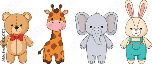 Cute cartoon stuffed animals vector set, teddy bear, giraffe, elephant and rabbit, baby nursery toy illustration isolated on white.