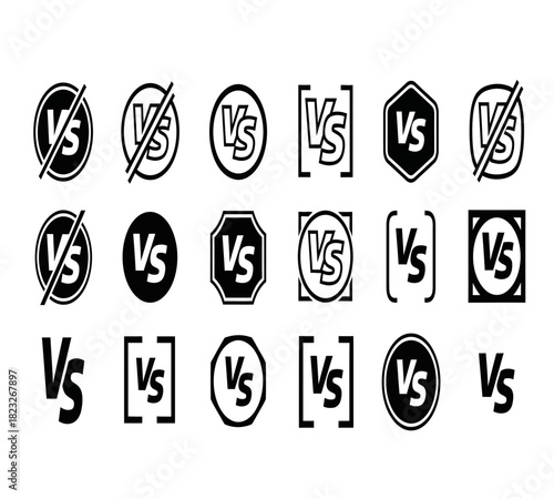 A collection of versus vs icons and symbols in various styles, representing comparison, competition, and opposition, isolated on
