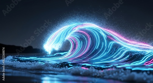 Fototapeta Naklejka Na Ścianę i Meble -  Surreal neon wave crashing in the dark ocean