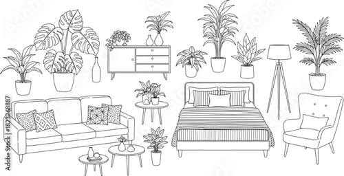Hand drawn vector furniture and house plants set, living room interior items, sofa, armchair, bed, dresser, monstera, palm, black outline sketch.
