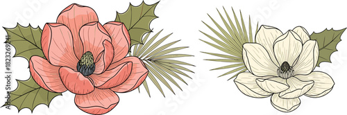 Hand drawn botanical vector illustration set of pink and white magnolia flowers, green holly leaves, and palm foliage for floral design.