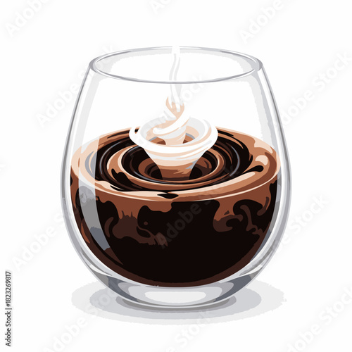 A delicious dark chocolate or coffee beverage with a dynamic white cream swirl being poured into a clear glass, creating an inviting splash.