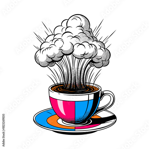 A vibrant illustration depicts a stylized coffee cup erupting with a cloud-like explosion, symbolizing energy and creative ideas.
