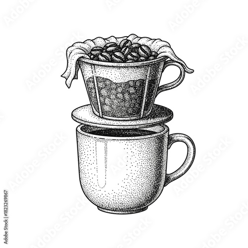An intricate stippled illustration depicts the traditional Vietnamese coffee brewing process, showcasing a phin filter filled with beans dripping into a cup.