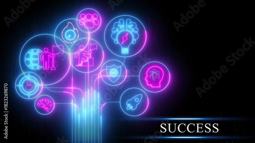 Wallpaper Mural Neon Network of Success Icons and Achievement Symbols on a Dark Background goals Torontodigital.ca