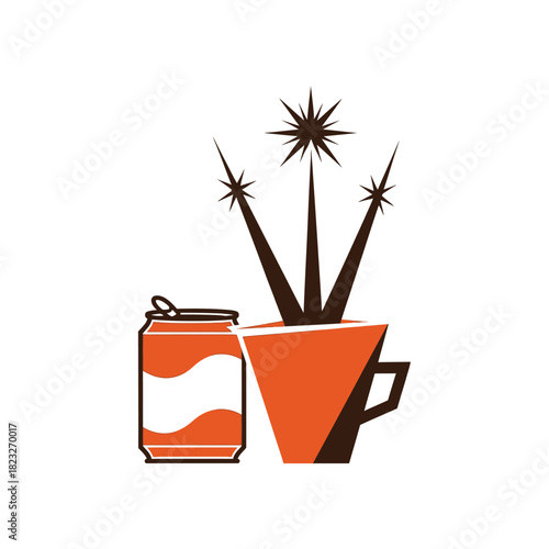 A vibrant, stylized illustration featuring a refreshing soda can positioned beside a unique, starburst-leafed potted plant, evoking a retro aesthetic.