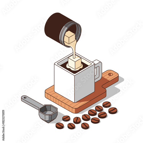 A charming isometric illustration depicts the meticulous process of preparing a coffee beverage, featuring creamer pouring into a cup with scattered beans and a scoop.