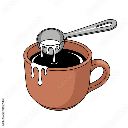 An illustrated scene depicting a spoonful of creamy liquid being poured into a warm brown mug filled with dark coffee, creating a delicious morning beverage with drips.