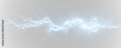 A bright electric lightning bolt cuts through the dark sky with intense blue-white energy. The glowing strike adds dramatic motion and atmosphere. Perfect transparent PNG overlay.