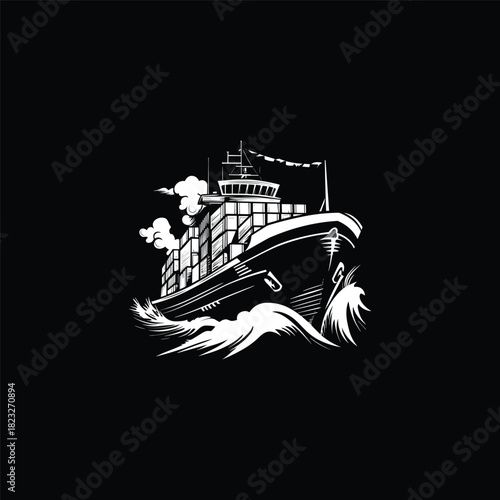engraving illustration of a large container cargo ship sailing dynamically on the sea