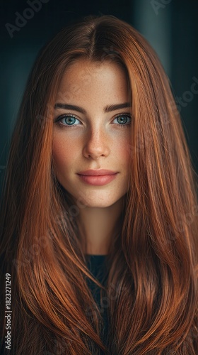Stunning young woman with vibrant auburn hair and captivating green eyes, showcasing natural beauty and a gentle smile, perfect for lifestyle and portrait projects.