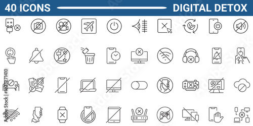 Digital detox line icon set. Includes digital detox, tech detoxification, unplug, no phone, offline, airplane mode, and no wifi. Editable stroke. Vector illustration