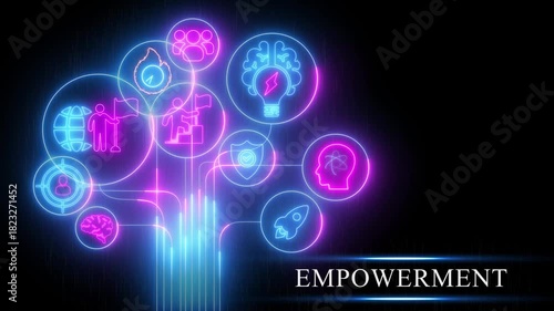 Wallpaper Mural Neon Abstract Network of Empowerment Icons with Glowing Lines and Text Keywords: empowerment, success, growth, development, leadership, motivation, inspiration, ambition Torontodigital.ca