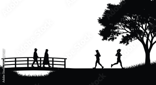 Silhouette of people walking on bridge and jogging through park pathway under large tree in peaceful outdoor nature environment