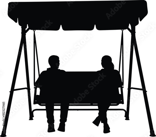 Silhouette of couple sitting together on outdoor garden swing with canopy, relaxing peacefully and enjoying quiet conversation in calm setting