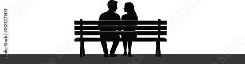 Silhouette of couple sitting together on park bench, relaxing outdoors and talking peacefully in quiet romantic public space