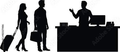 Silhouette of travelers with luggage speaking to receptionist at front desk, airport check in, travel service, customer assistance scene illustration