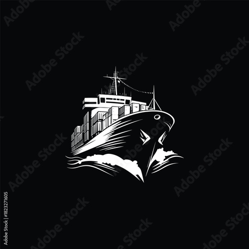 engraving illustration of a large container cargo ship sailing dynamically on the sea