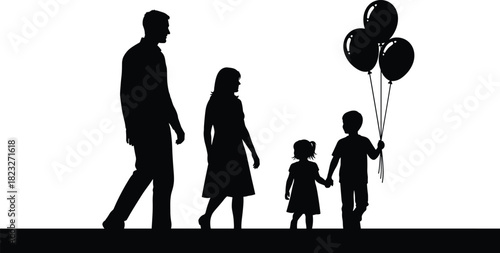 Silhouette of family walking together with children holding balloons, parent and kids group illustration showing unity, celebration and outdoor lifestyle concept