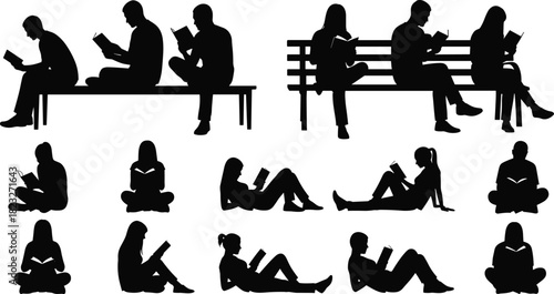 Silhouette collection of people reading books in various sitting and relaxing poses, educational lifestyle concept for study, learning and quiet activity