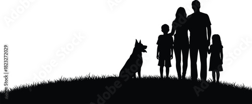 Silhouette family standing on grassy hill with children and dog, outdoor sunset scene symbolizing unity, togetherness, love and bonding