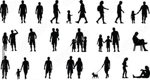 Silhouette collection of people walking, parents with children, family activities, outdoor lifestyle actions, pet walking and sitting figures
