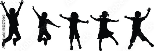 Silhouette illustration of joyful children jumping with raised arms, energetic kids group in active playful poses, black vector design isolated