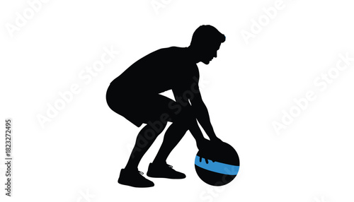 Silhouette of a man exercising with a medicine ball fitness training for strength and conditioning isolated on white