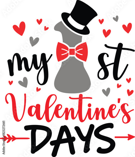 My First Valentine’s Day Boy with cute bowtie penguin, and hat silhouette, vector illustration for t-shirts, mugs, posters, baby onesies, crafts, and digital downloads.